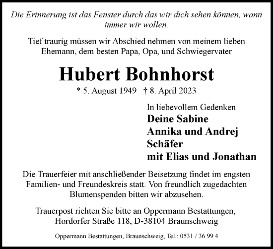 Traueranzeige von Hubert Bohnhorst von Braunschweiger Zeitung