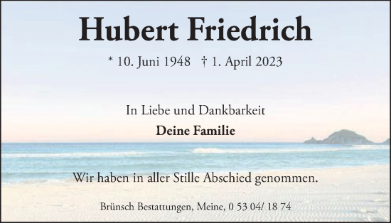 Traueranzeige von Hubert Friedrich von Wolfenbütteler Zeitung