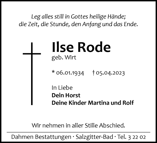 Traueranzeige von Ilse Rode von Salzgitter-Zeitung