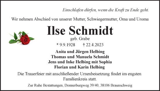 Traueranzeige von Ilse Schmidt von Braunschweiger Zeitung