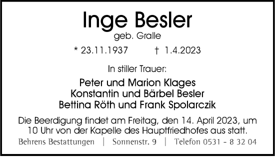 Traueranzeige von Inge Besler von Braunschweiger Zeitung