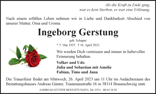Traueranzeige von Ingeborg Gerstung von Braunschweiger Zeitung