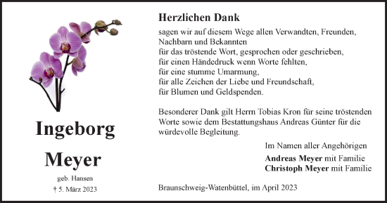 Traueranzeige von Ingeborg Meyer von Braunschweiger Zeitung