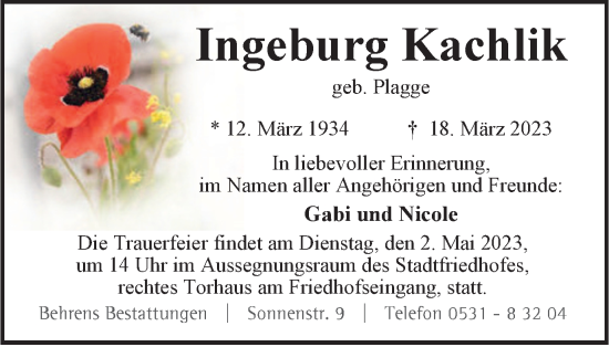 Traueranzeige von Ingeburg Kachlik von Braunschweiger Zeitung