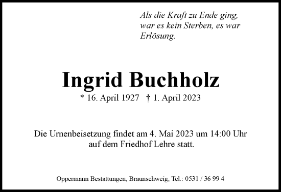 Traueranzeige von Ingrid Buchholz von Braunschweiger Zeitung