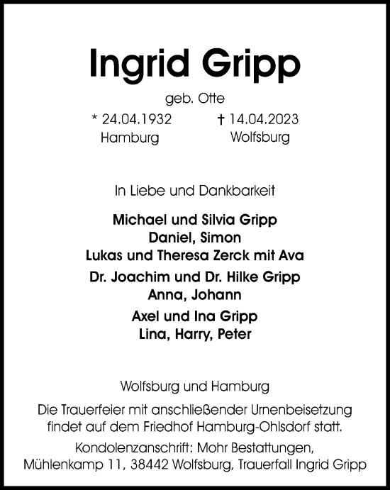 Traueranzeige von Ingrid Gripp von Wolfsburger Nachrichten