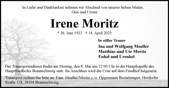 Traueranzeige von Irene Moritz von Braunschweiger Zeitung