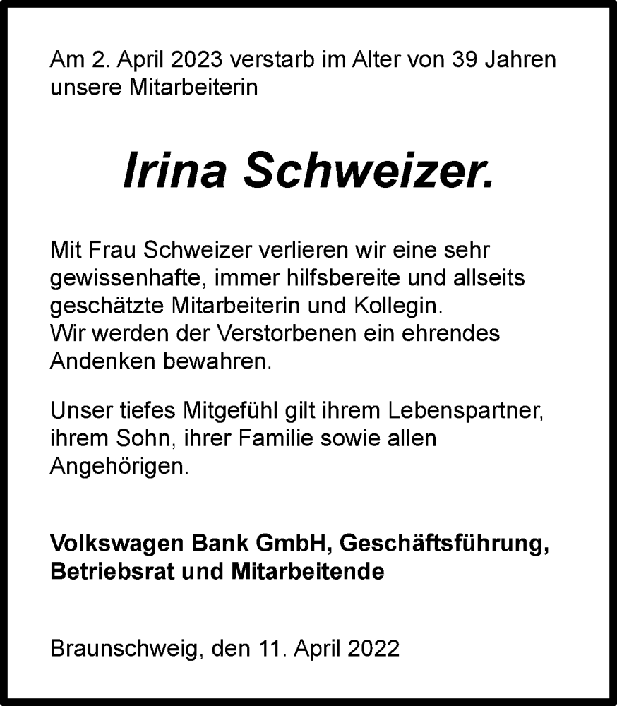  Traueranzeige für Irina Schweizer vom 12.04.2023 aus Braunschweiger Zeitung