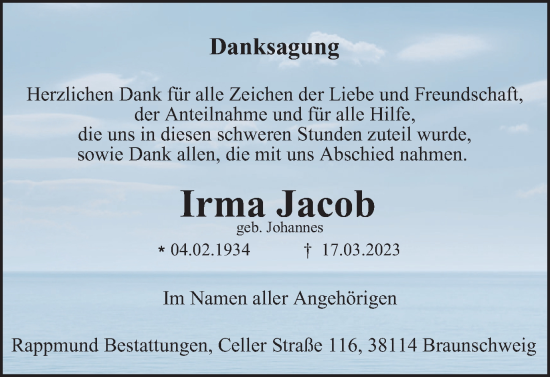 Traueranzeige von Irma Jacob von Braunschweiger Zeitung