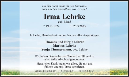 Traueranzeige von Irma Lehrke von Braunschweiger Zeitung