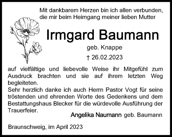 Traueranzeige von Irmgard Baumann von Braunschweiger Zeitung