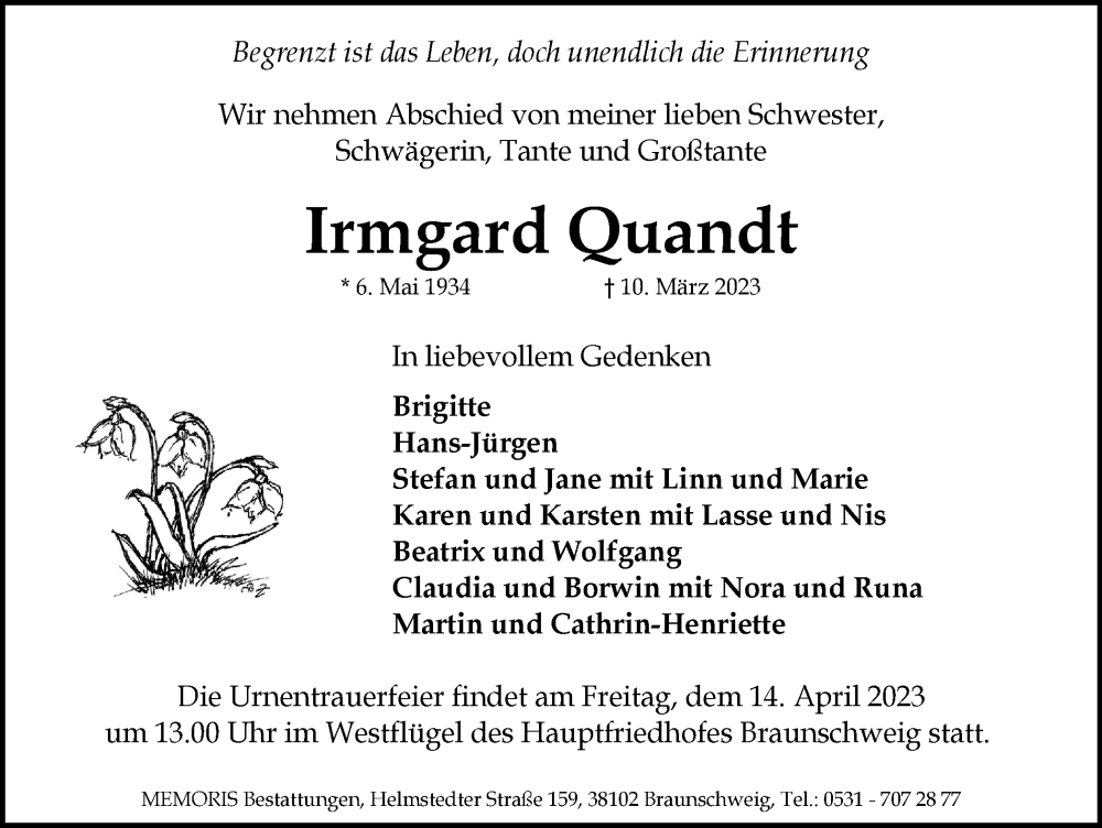  Traueranzeige für Irmgard Quandt vom 08.04.2023 aus Braunschweiger Zeitung