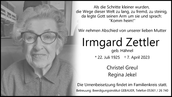Traueranzeige von Irmgard Zettler von Wolfsburger Nachrichten