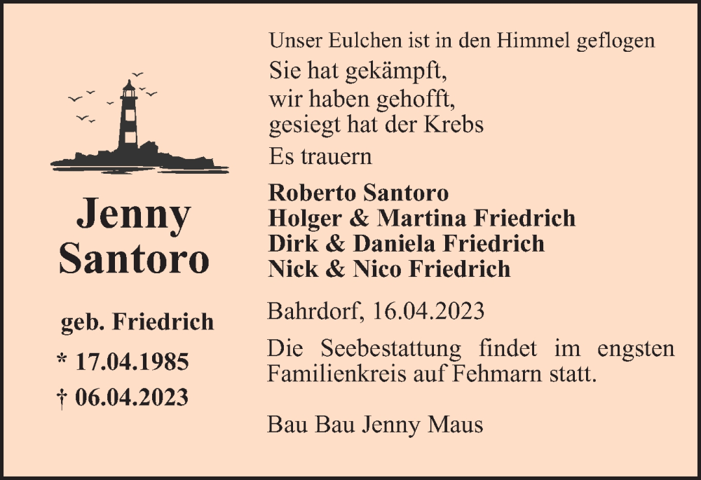  Traueranzeige für Jenny Santoro vom 18.04.2023 aus Helmstedter Nachrichten