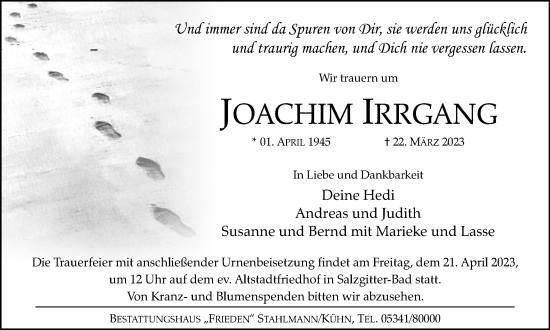 Traueranzeige von Joachim Irrgang von Salzgitter-Zeitung