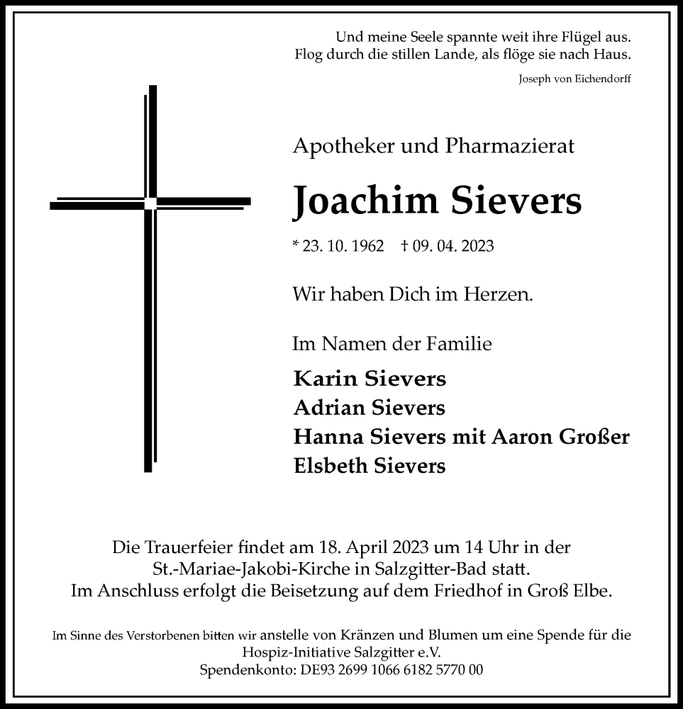  Traueranzeige für Joachim Sievers vom 15.04.2023 aus Salzgitter-Zeitung