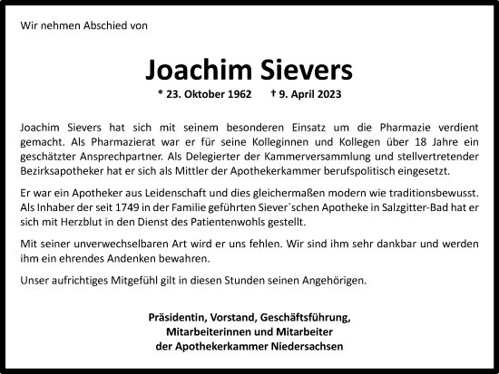 Traueranzeige von Joachim Sievers von Salzgitter-Zeitung