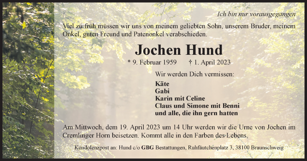  Traueranzeige für Jochen Hund vom 15.04.2023 aus Braunschweiger Zeitung