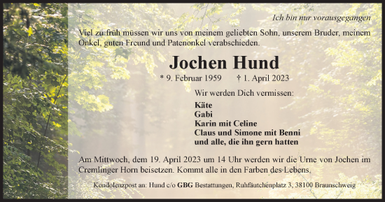 Traueranzeige von Jochen Hund von Braunschweiger Zeitung