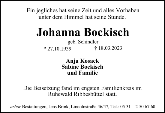 Traueranzeige von Johanna Bockisch von Braunschweiger Zeitung
