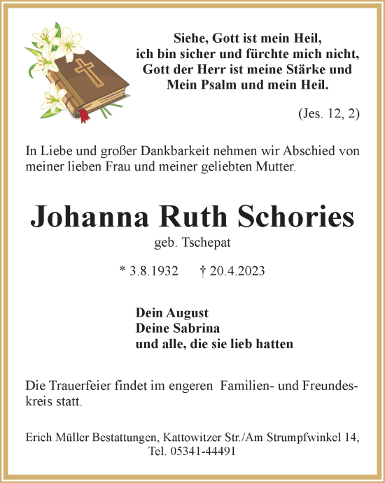 Traueranzeige von Johanna Ruth Schories von Salzgitter-Zeitung