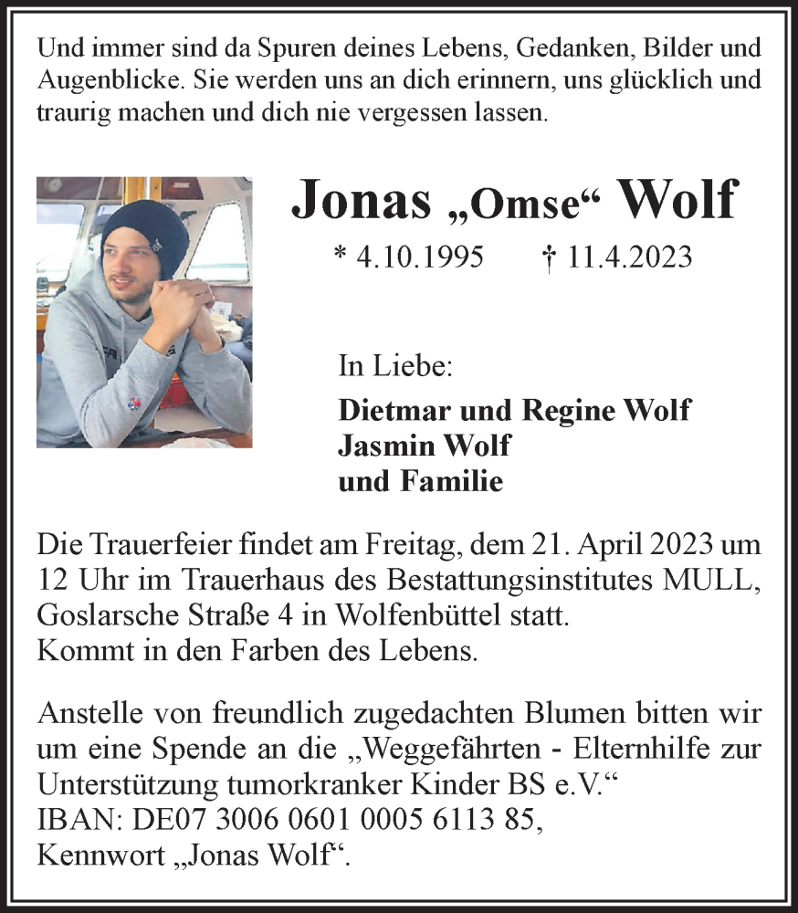  Traueranzeige für Jonas Wolf vom 15.04.2023 aus Wolfenbütteler Zeitung