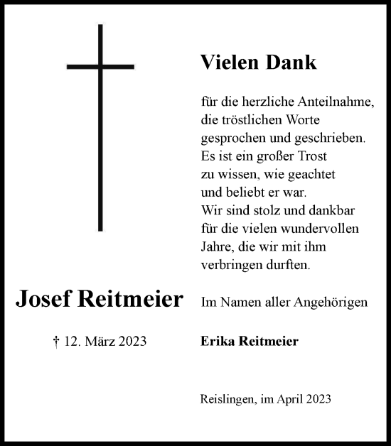 Traueranzeige von Josef Reitmeier von Wolfsburger Nachrichten