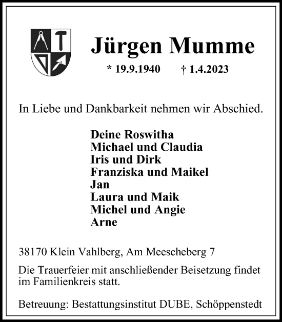Traueranzeige von Jürgen Mumme von Wolfenbütteler Zeitung