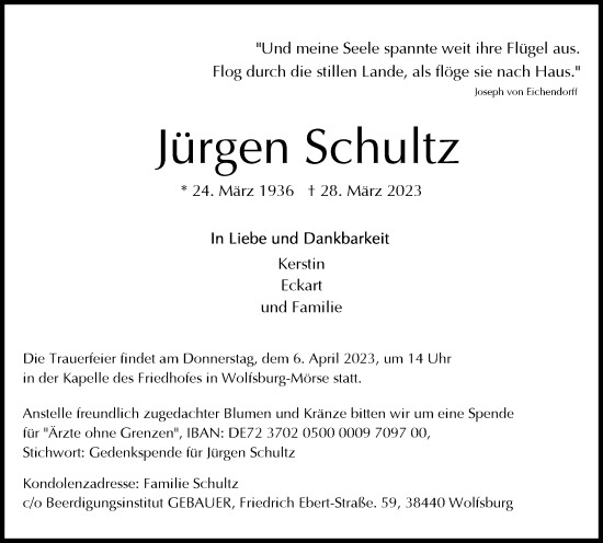 Traueranzeige von Jürgen Schultz von Wolfsburger Nachrichten