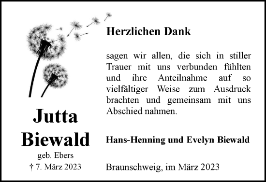 Traueranzeige von Jutta Biewald von Braunschweiger Zeitung