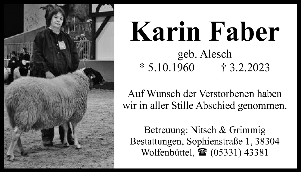  Traueranzeige für Karin Faber vom 01.04.2023 aus Wolfenbütteler Zeitung