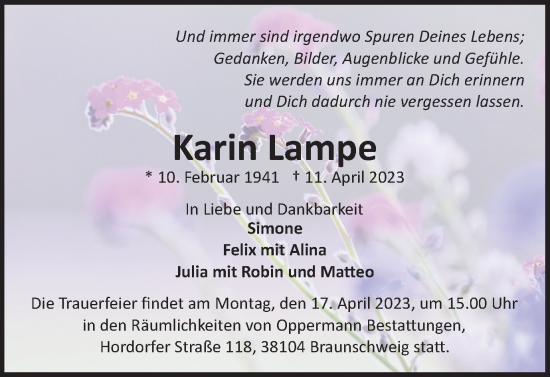 Traueranzeige von Karin Lampe von Braunschweiger Zeitung