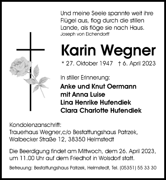 Traueranzeige von Karin Wegner von Helmstedter Nachrichten