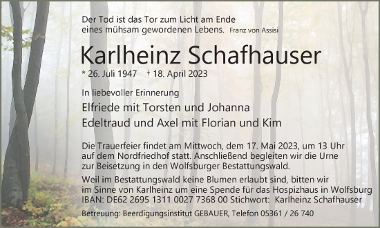 Traueranzeige von Karlheinz Schafhauser von Wolfsburger Nachrichten