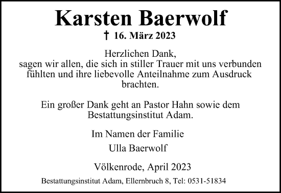 Traueranzeige von Karsten Baerwolf von Braunschweiger Zeitung