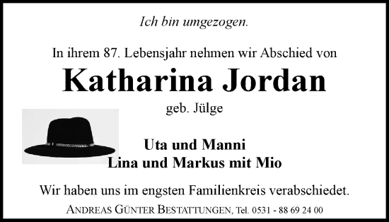 Traueranzeige von Katharina Jordan von Braunschweiger Zeitung