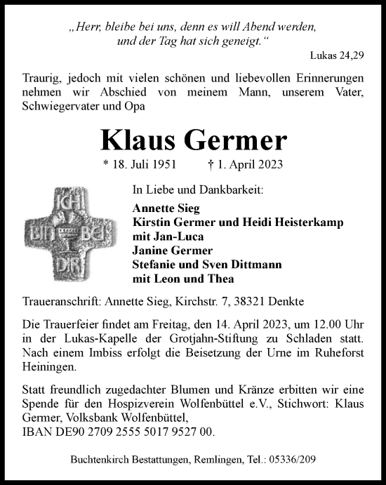 Traueranzeige von Klaus Germer von Braunschweiger Zeitung