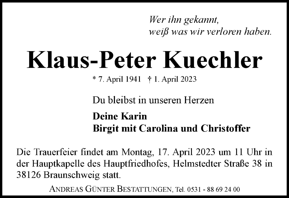  Traueranzeige für Klaus-Peter Kuechler vom 08.04.2023 aus Braunschweiger Zeitung