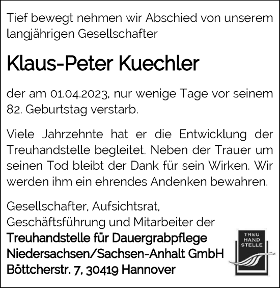 Traueranzeige von Klaus-Peter Kuechler von Braunschweiger Zeitung