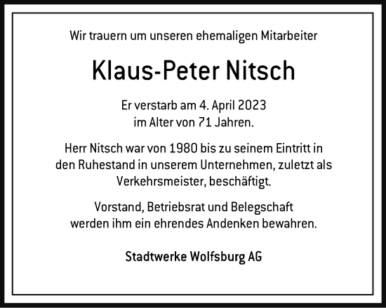Traueranzeige von Klaus-Peter Nitsch von Wolfsburger Nachrichten