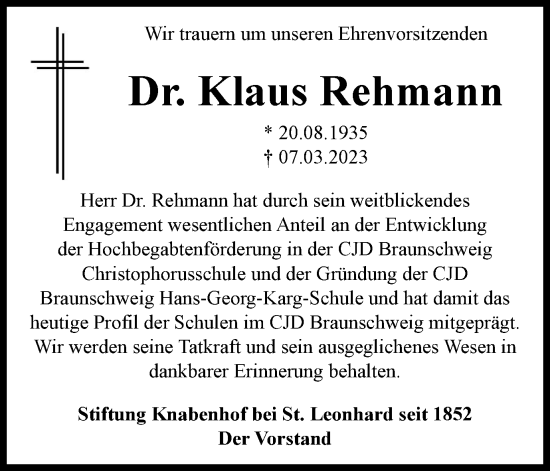 Traueranzeige von Klaus Rehmann von Braunschweiger Zeitung
