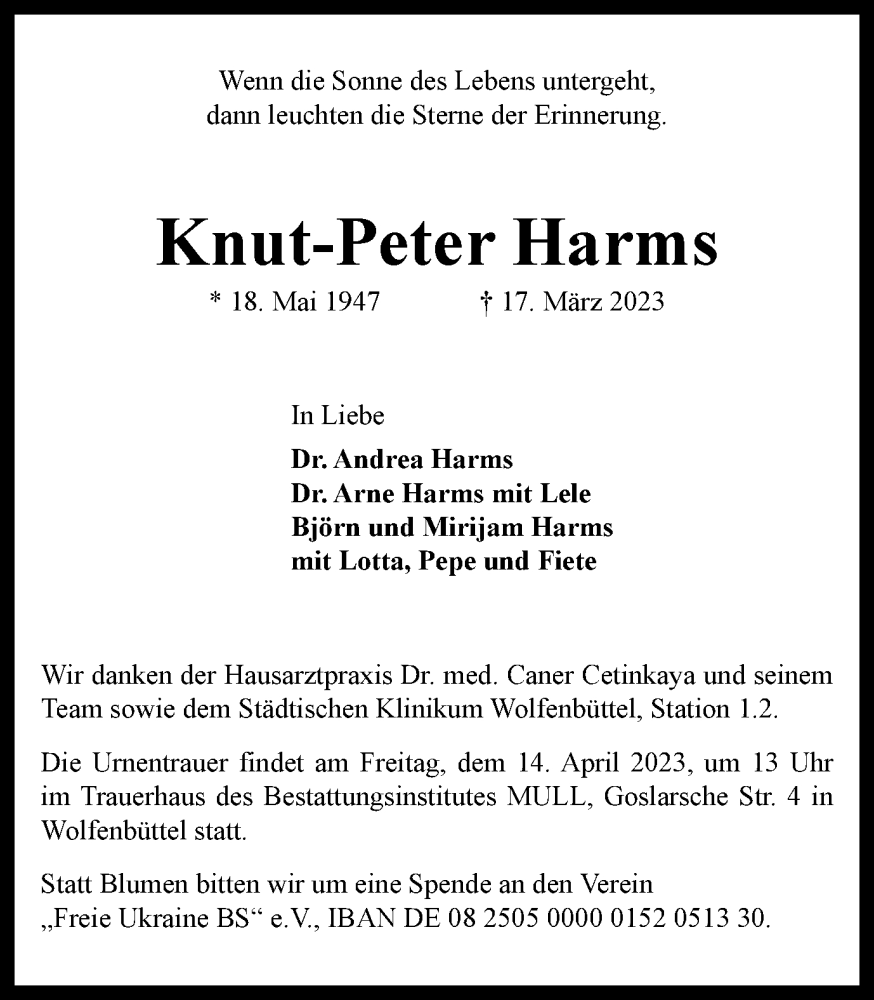  Traueranzeige für Knut-Peter Harms vom 08.04.2023 aus Braunschweiger Zeitung