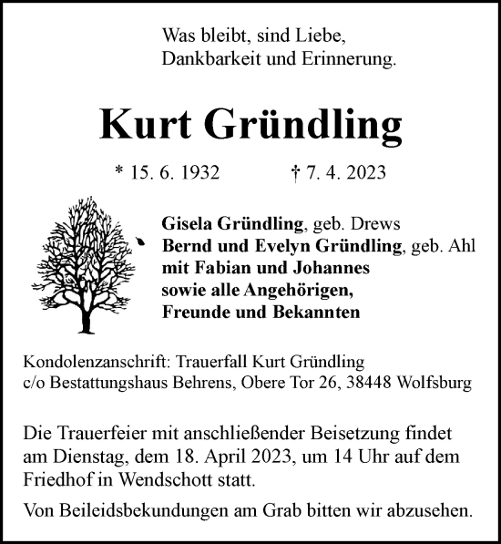 Traueranzeige von Kurt Gründling von Wolfsburger Nachrichten
