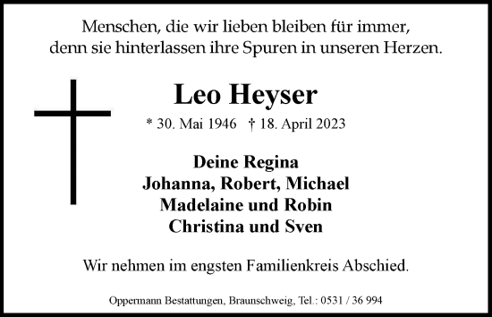 Traueranzeige von Leo Heyser von Neue Braunschweiger am Samstag