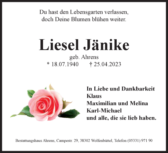 Traueranzeige von Liesel Jänike von Wolfenbütteler Zeitung