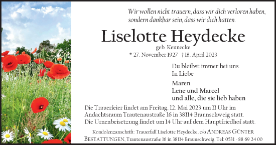 Traueranzeige von Liselotte Heydecke von Braunschweiger Zeitung