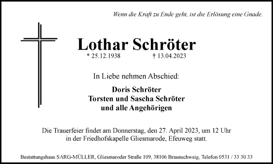 Traueranzeige von Lothar Schröter von Braunschweiger Zeitung