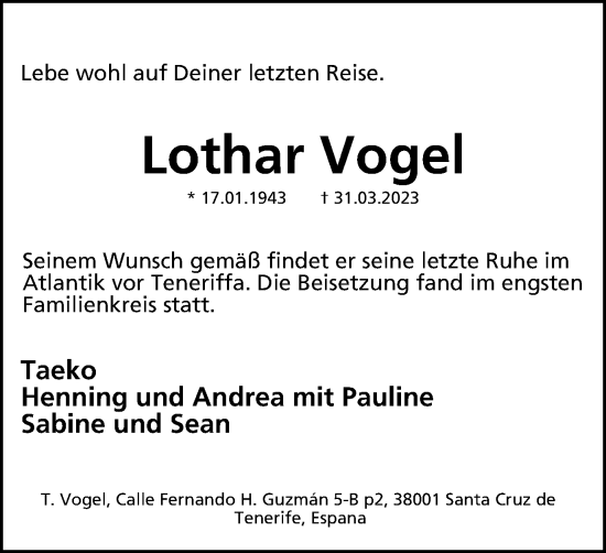 Traueranzeige von Lothar Vogel von Braunschweiger Zeitung