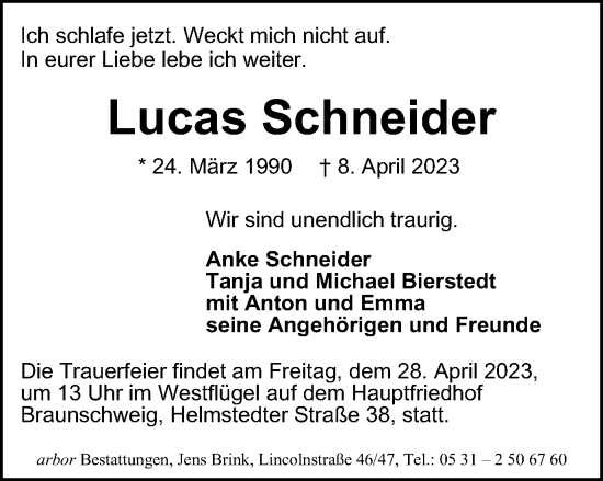 Traueranzeige von Lucas Schneider von Braunschweiger Zeitung