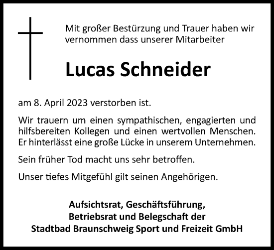 Traueranzeige von Lucas Schneider von Braunschweiger Zeitung